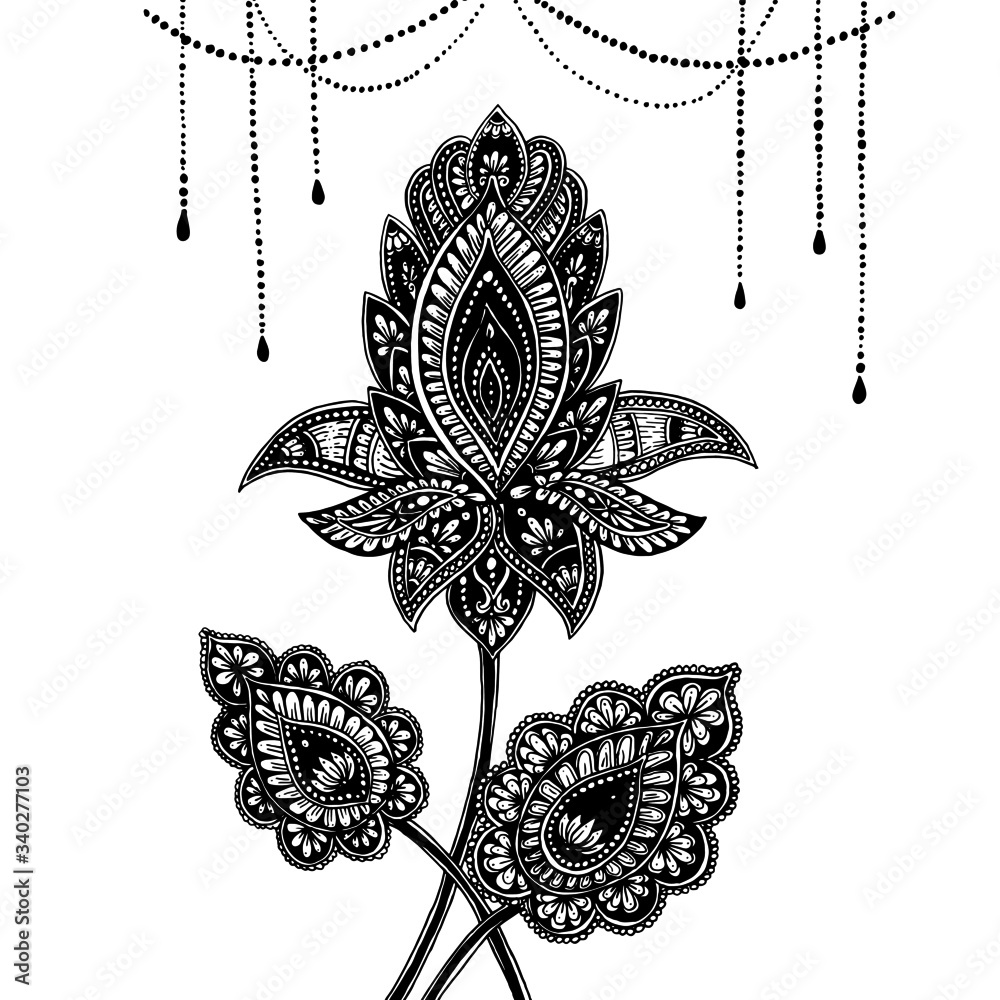 Vector black and white floral indian zentangle ornament flowers ...