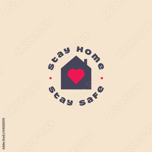 Stay home, stay safe logo icon of the house silhouette with red heart. Protection or self isolation concept against coronavirus, COVID-19. Coronavirus, COVID 19 protection logo. Vector illustration.