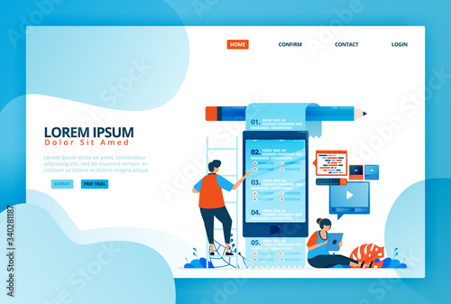 Cartoon illustration for online exams and surveys. Mobile apps for distance learning. Modern education and future methods of study. Vector design for landing page, web, mobile apps, banner, poster