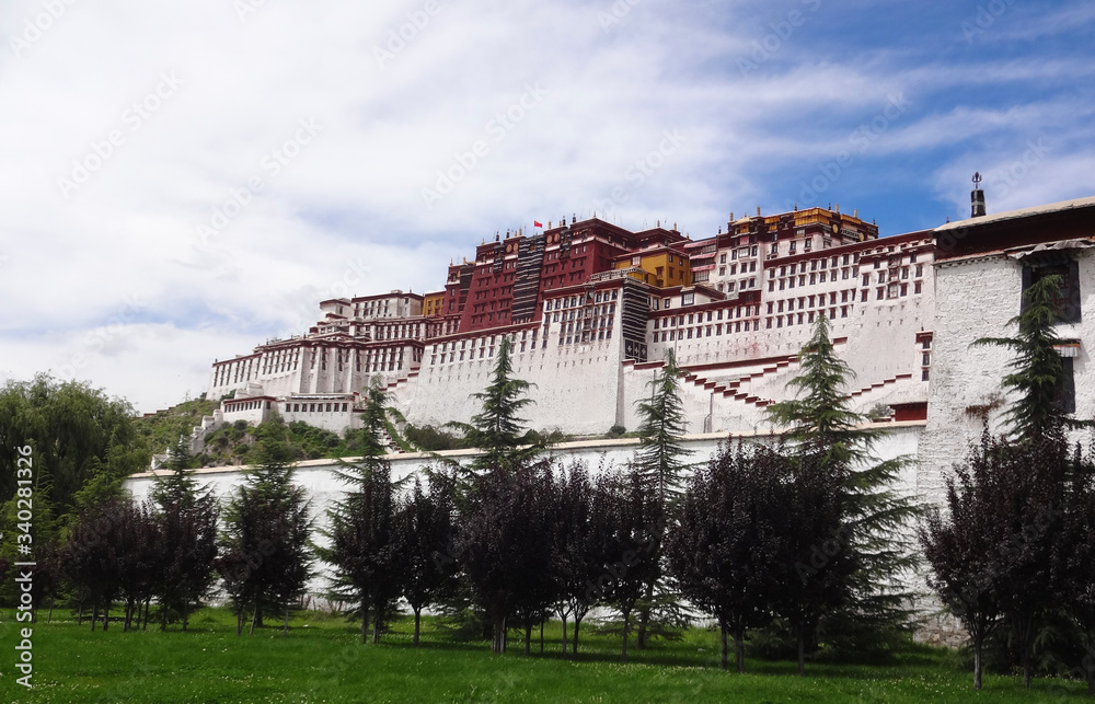 the magnificent potala palace behind the trees in Tibet