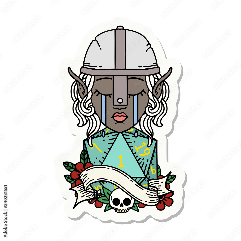crying elf fighter character face with natural one D20 roll sticker crying elf fighter character face with natural one D20 roll sticker