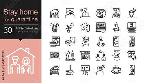 Stay home icons. Stay at home for quarantine protect from coronavirus (covid-19). Modern line design. Editable Stroke.