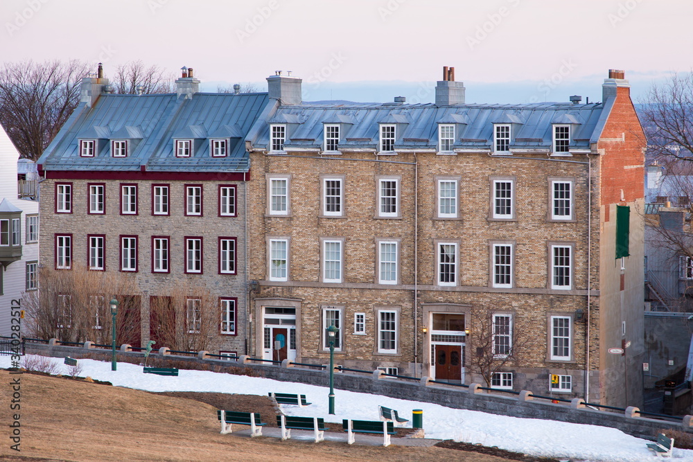 Early spring view of row of mid-19th Century houses on St. Denis Avenue seen from the Cape Diamond, Quebec City, Quebec, Canada