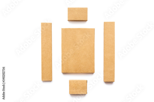 Mockup of blank cardboard boxes isolated on a white background. Top view. Flat lay