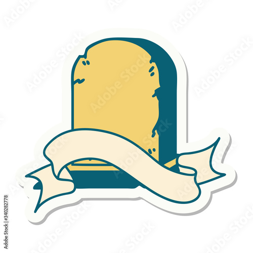 tattoo sticker with banner of a grave stone
