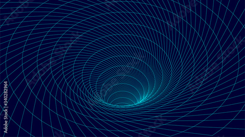 Technology wireframe tunnel on blue background. Futuristic 3D vector grid.