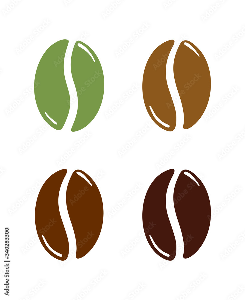 Group of raw and roasted coffee beans, caffeine symbol Stock Vector