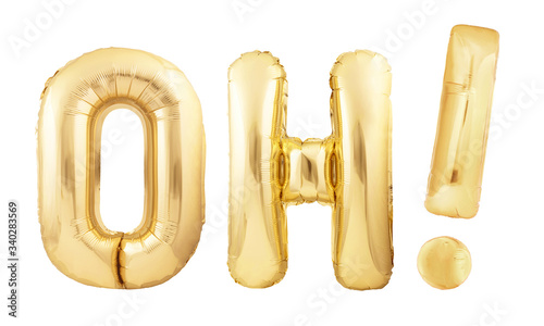 Oh! interjection with exclamation mark made of golden inflatable balloons isolated on white background. photo