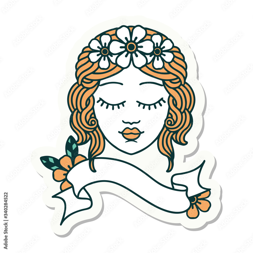 tattoo sticker with banner of a maidens face