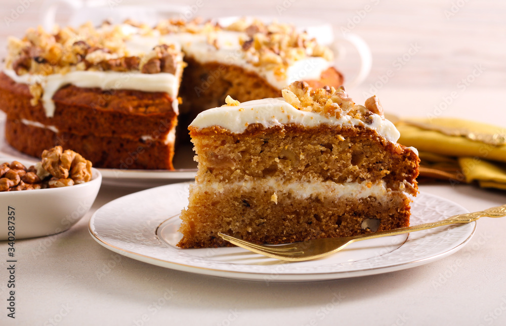 Maple, apple and walnut cake, served