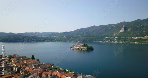Lake landscape, concept of european traveling small vllage. Aerial view of Lake Orta, Piedmont, Italy. San Giulio island. photo