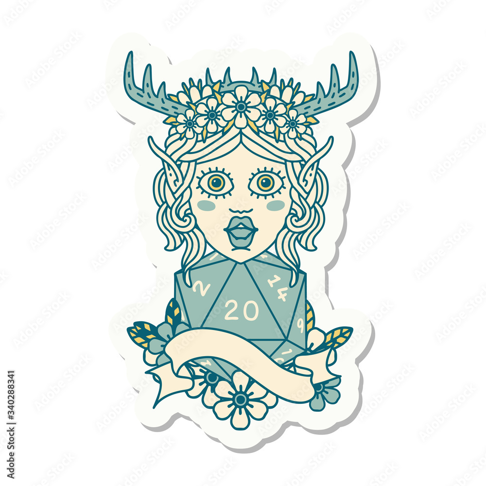 elf druid with natural twenty dice roll sticker elf druid with natural twenty dice roll sticker