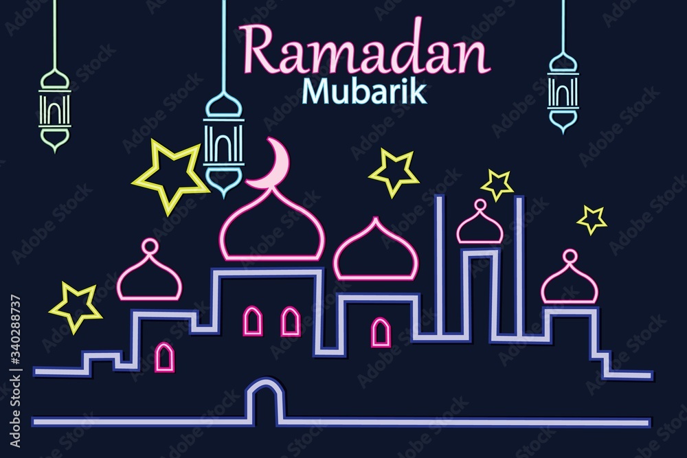Ramadan greeting text with fanus lanterns, star and crescent design, banner in neon style.Vector design element