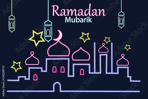 Ramadan greeting text with fanus lanterns, star and crescent design, banner in neon style.Vector design element