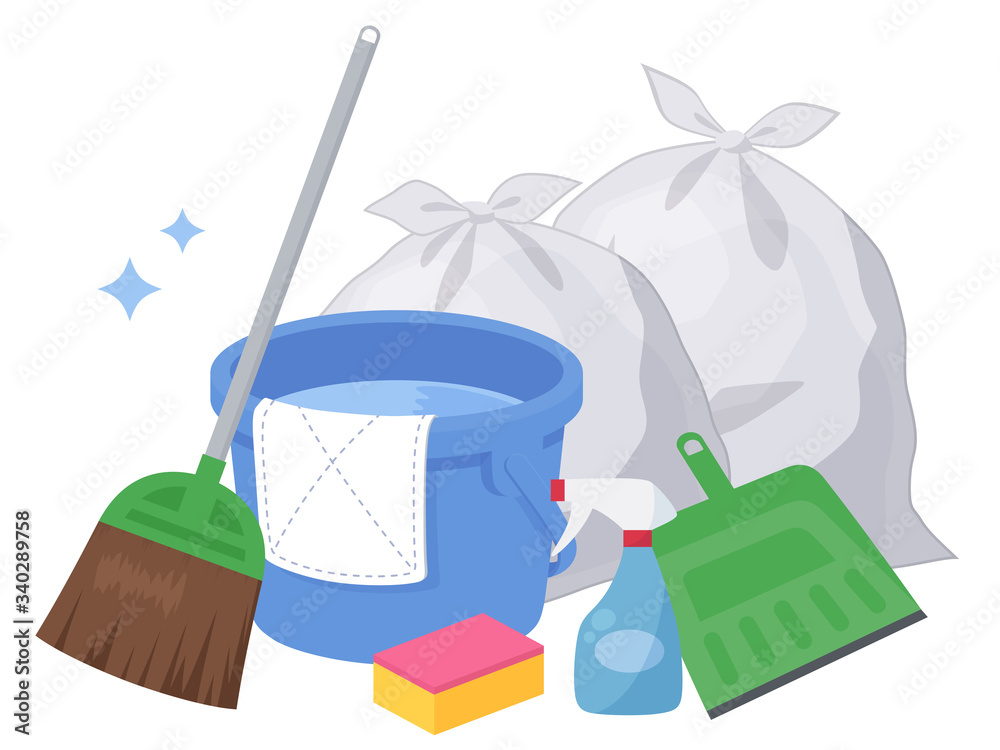 バケツと掃除用具のイラスト 箒 ゴミ袋 Vector De Stock Adobe Stock