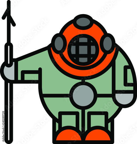 Man wearing old-fashioned diving suit with copper helmet, holding harpoon