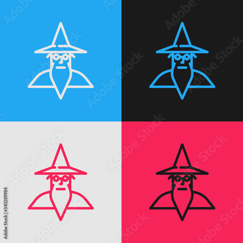 Pop art line Wizard warlock icon isolated on color background.  Vector Illustration