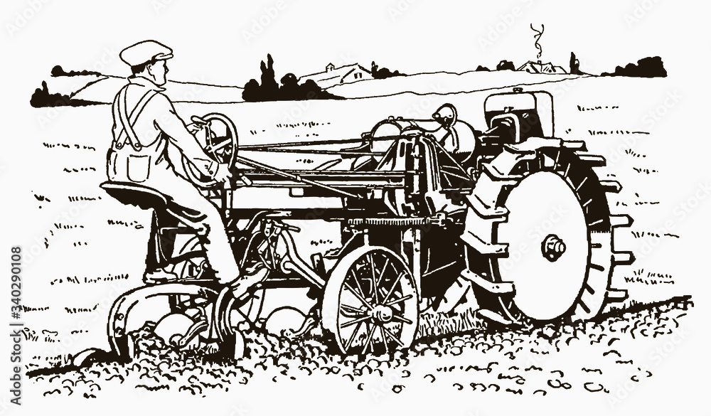 Historical farmer driving a tractor plow in a field in three-quarter back view. Illustration after an engraving from the early 20th century