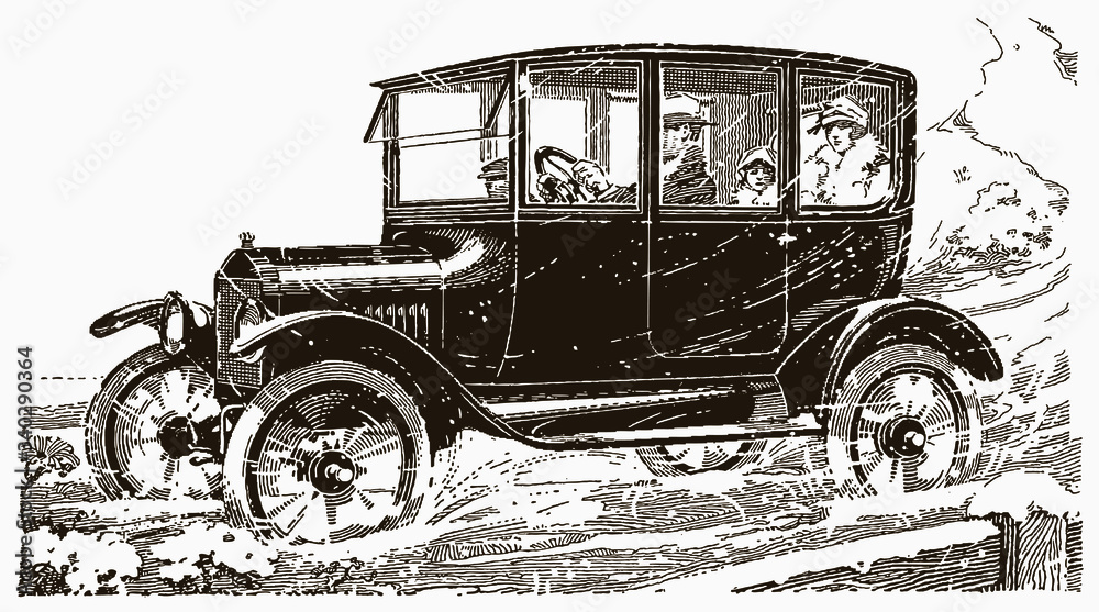 Four people driving in a vintage car in a snowy landscape. Illustration after a historical engraving from the early 20th century
