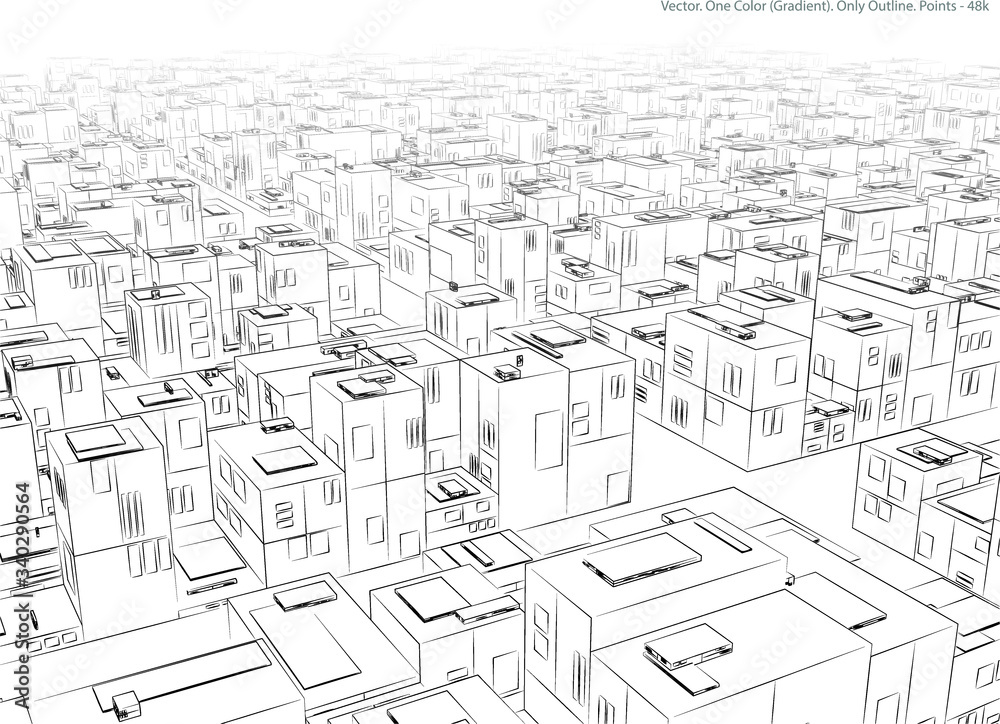 Vector illustration of a city. Stylized buildings. One color. Outline only.