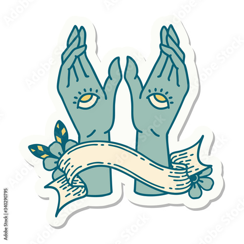 tattoo sticker with banner of mystic hands