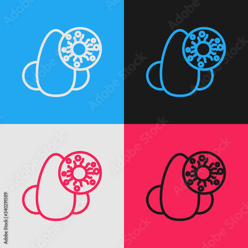 Pop art line Runny nose and virus icon isolated on color background. Rhinitis symptoms, treatment. Nose and sneezing. Nasal diseases.  Vector Illustration