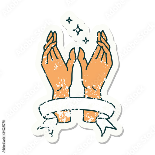 grunge sticker with banner of mystic hands