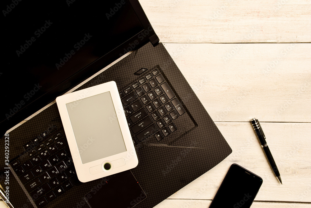 Remote work with laptop at the table