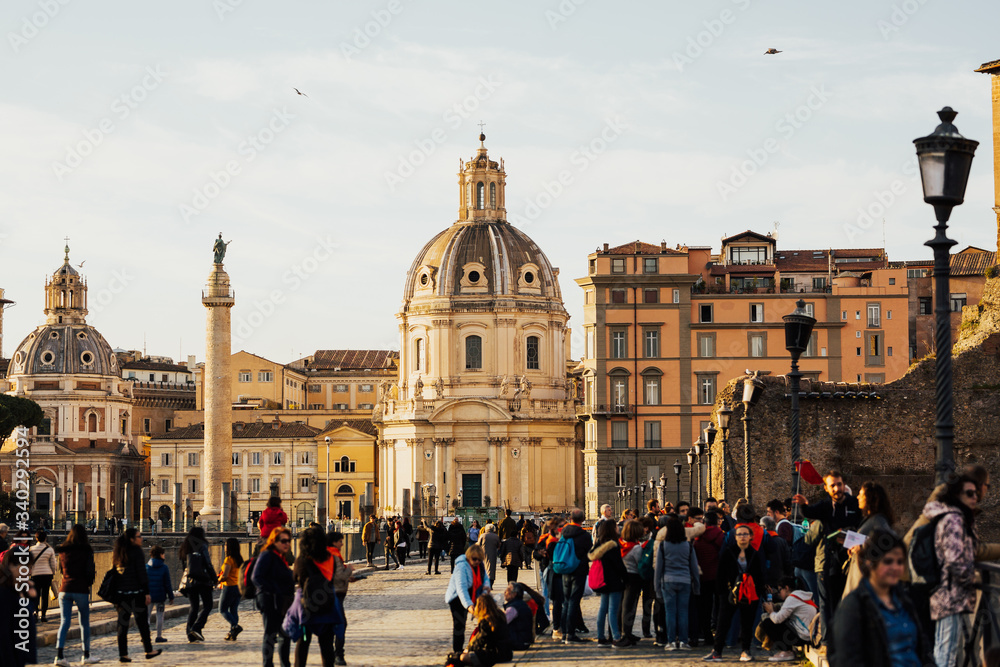 ROME, ITALY - MARCH 03, 2019: Churches of Santa Maria di Loreto in square of Venice. Famous roundabout of Piazza Venezia in Rome, Italy. The Piazza Venezia is one of the most awesome squares of Rome.