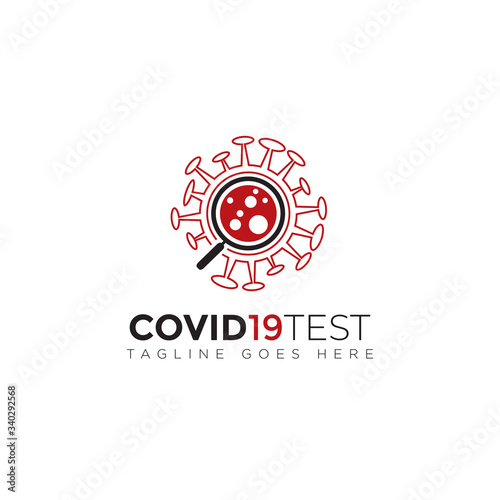 covid19test logo, magnifying glass and virus vector