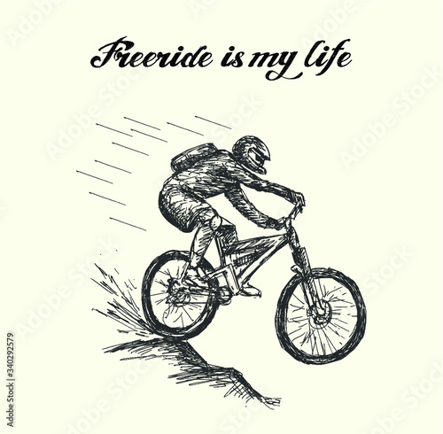 Fast moving extreme bicycle rider going down hill. Hand drawn vector illustration.