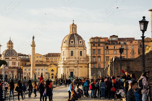 ROME, ITALY - MARCH 03, 2019: Churches of Santa Maria di Loreto in square of Venice. Famous roundabout of Piazza Venezia in Rome, Italy. The Piazza Venezia is one of the most awesome squares of Rome.