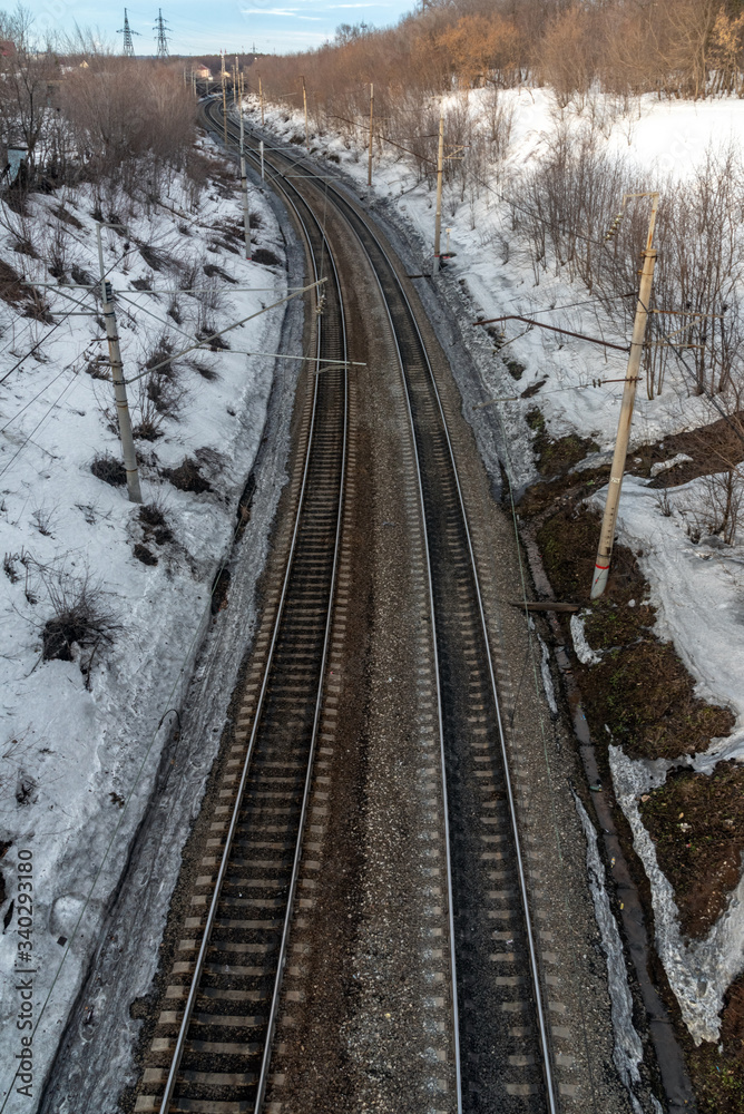 Rail road, railway tracks from railway bridge in Ufa, Russia. Railway platform.
