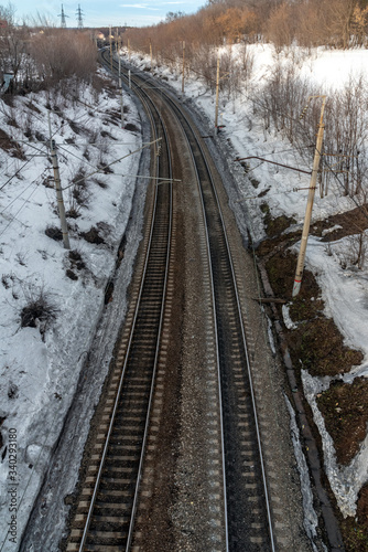 Rail road, railway tracks from railway bridge in Ufa, Russia. Railway platform. 