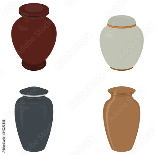 Urn for ashes, set. Symbols for the funeral service. Vector illustration.