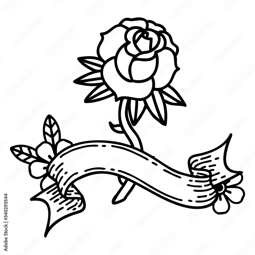 black linework tattoo with banner of a rose black linework tattoo with banner of a rose