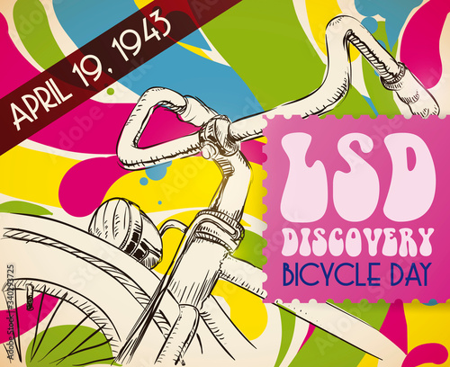 Slika na platnu Bike Draw with Psychedelic Background to Commemorate Bicycle Day, Vector Illustr