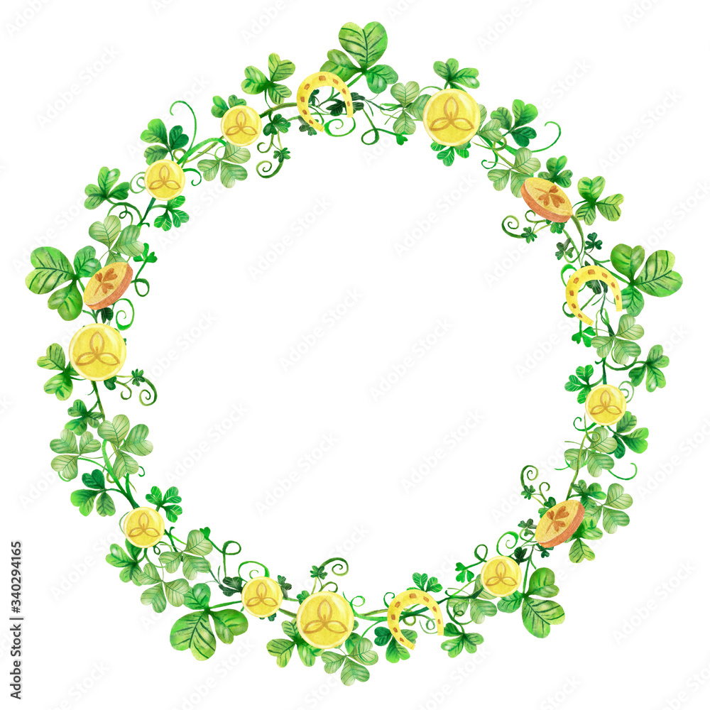 Watercolor wreath of clover leaves with coins. Watercolor wreath of clover leaves with coins.