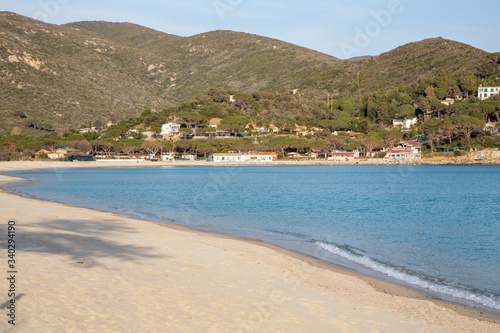 Desert beach due to Coronavirus quarantine. Marina di Campo, Elba island, Italy