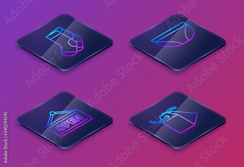 Set Isometric line Socks, Hanging sign with Open, Underwear and Blank label template price tag. Blue square button. Vector