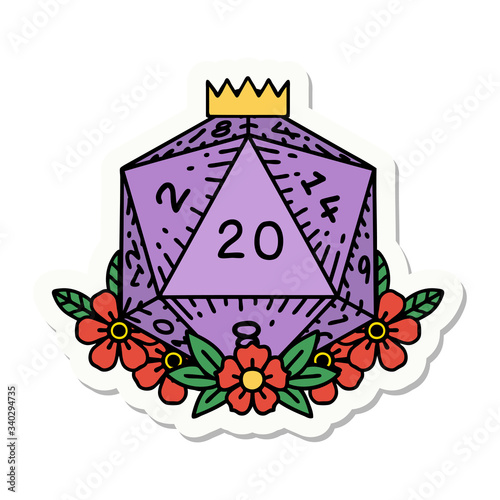 natural 20 D20 dice roll with floral elements sticker