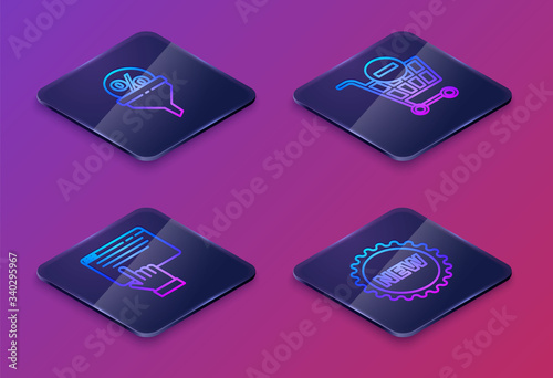 Set Isometric line Lead management, Online shopping on screen, Remove shopping cart and Price tag with New. Blue square button. Vector