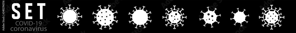 Set of icon. Inscription COVID-19. vector infographic coronavirus. Pathogen respiratory influenza covid virus cells. Set of icon. Inscription COVID-19. vector infographic coronavirus. Pathogen respiratory influenza covid virus cells.