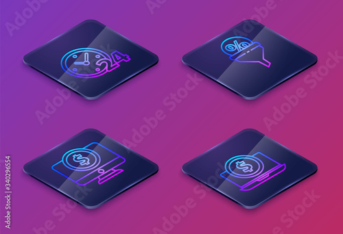 Set Isometric line Clock 24 hours, Computer monitor with dollar, Lead management and Laptop with dollar. Blue square button. Vector