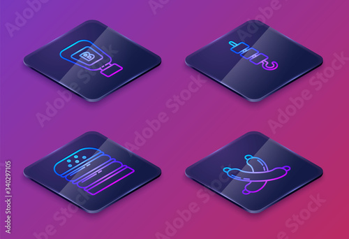 Set Isometric line Sauce bottle, Burger, Grilled shish kebab on skewer stick and Crossed sausage. Blue square button. Vector