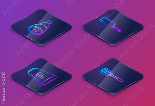 Set Isometric line Chicken leg, Pepper, Meat chopper and Spatula. Blue square button. Vector