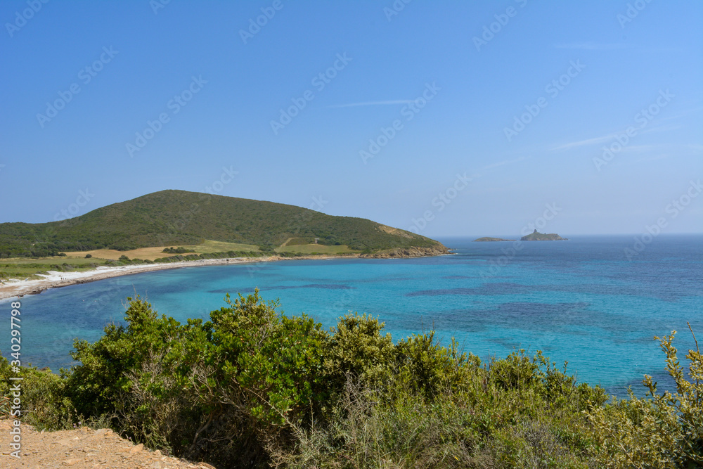 View of Plage de Tamarone, Tamarone beach, one of the most famous and wild beaches of the Cap Corse. Corsica, France