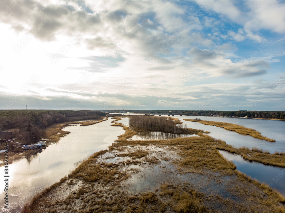 Countryside landscape areal drone photography view of river Lielupe.