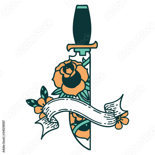 tattoo with banner of a dagger and flowers