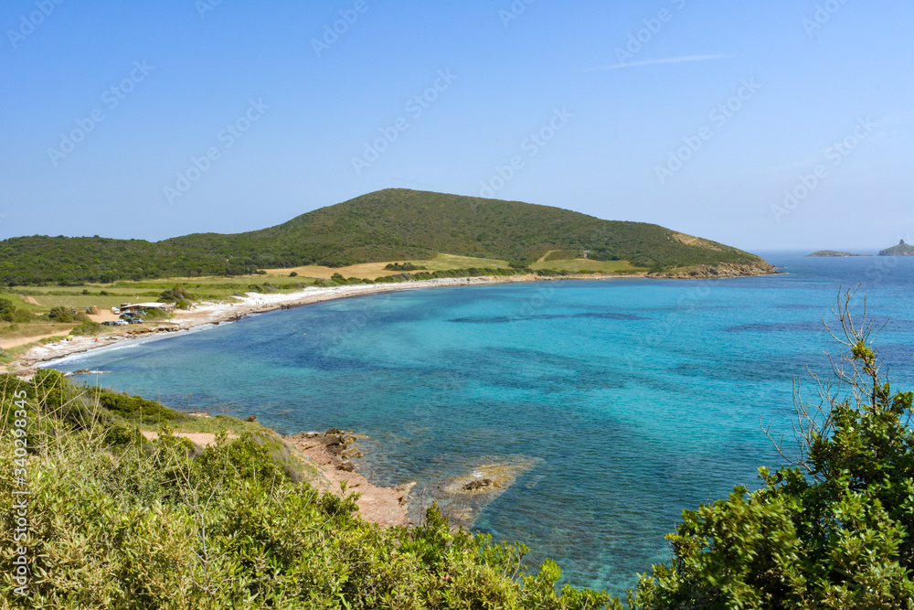 View of Plage de Tamarone, Tamarone beach, one of the most famous and wild beaches of the Cap Corse. Corsica, France